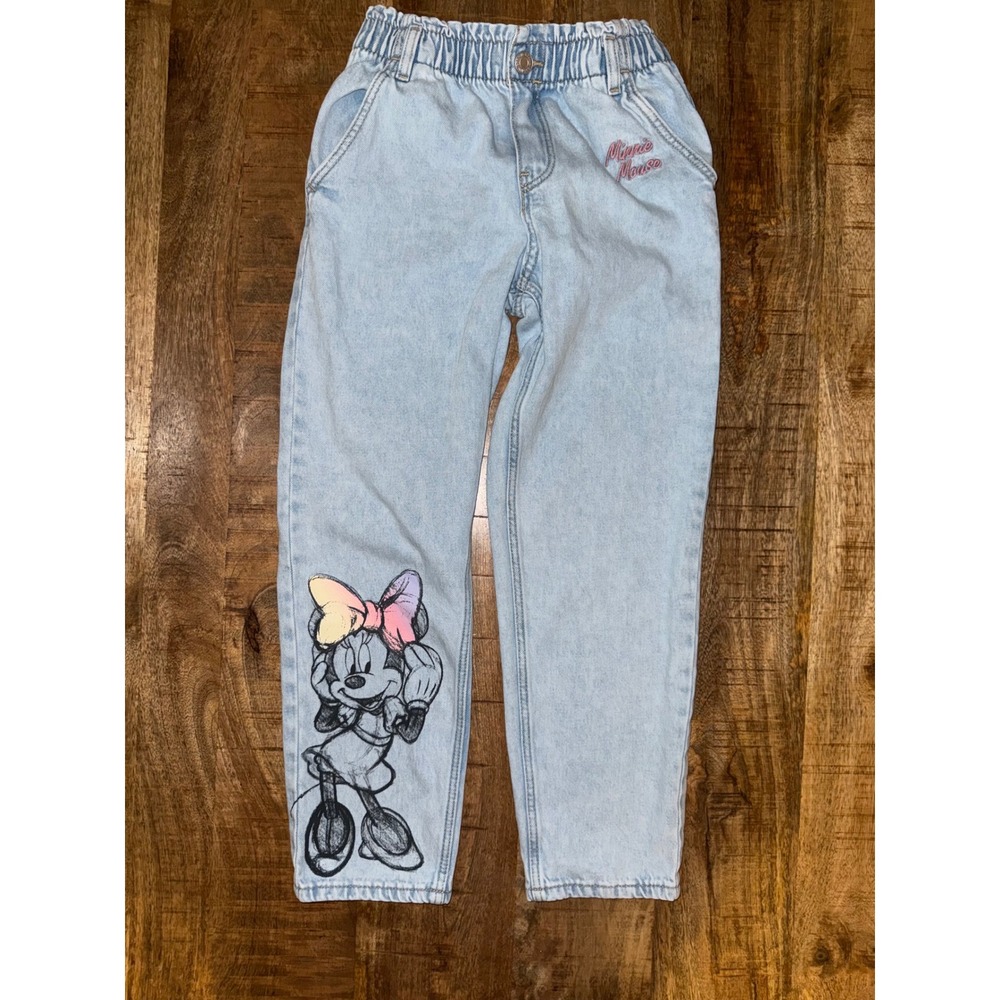 HM Disney Girls Light Wash Minnie Mouse Relaxed Fit Jeans Size 7 Elastic Waist